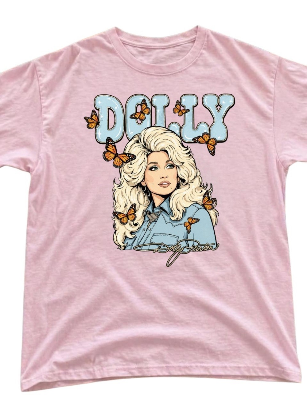 Gildan Pink Dolly Graphic Tee with Butterflies, Gift for Her, For Him